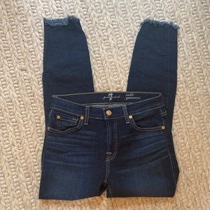 7 for all mankind blue skinny jeans with knee distressing